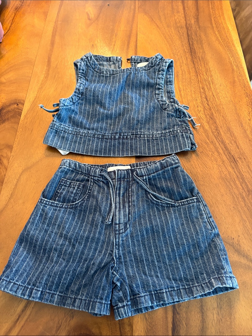 Zara Blue Pinstripe Two-Piece Denim Shorts Set